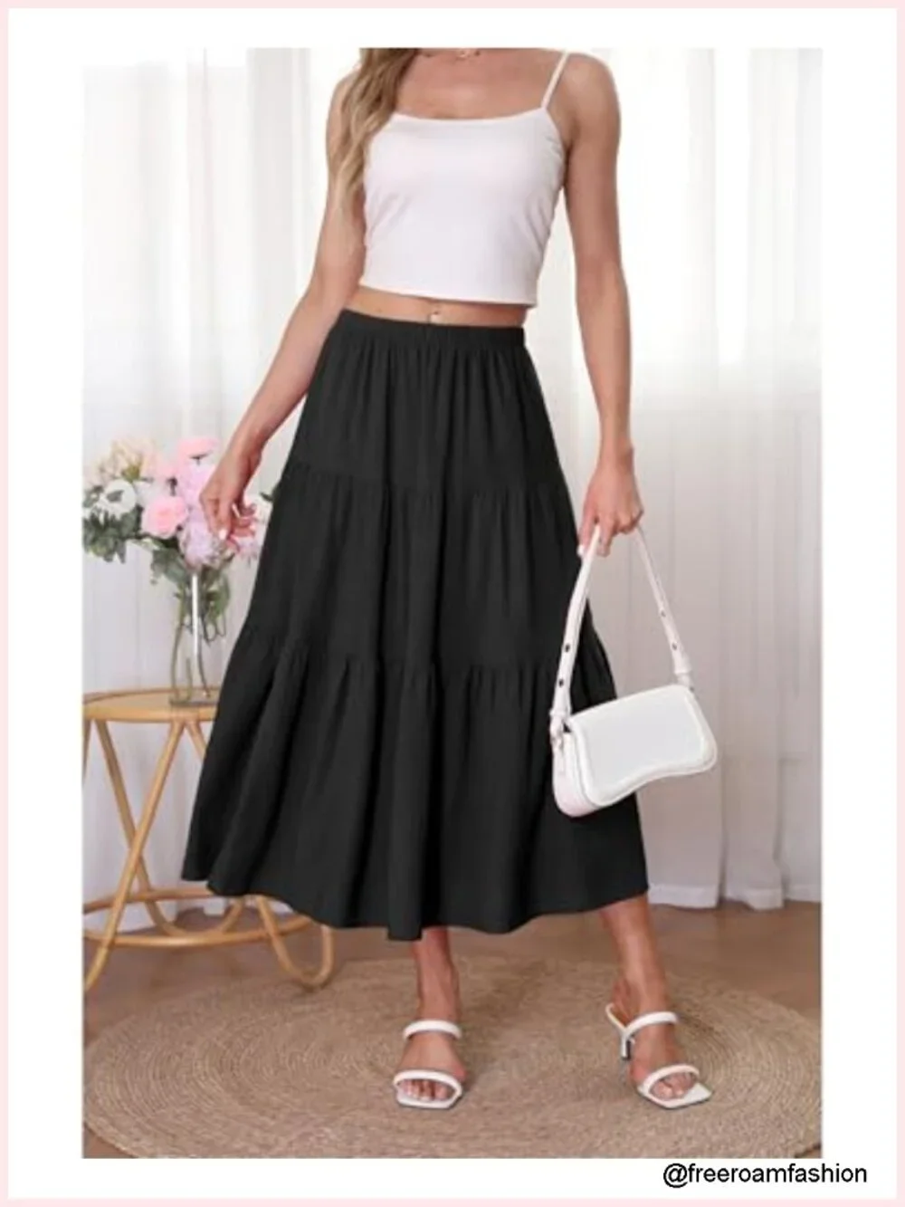 High Waist Tiered A-Line Midi Skirt Flowy Ruffle Elastic Boho